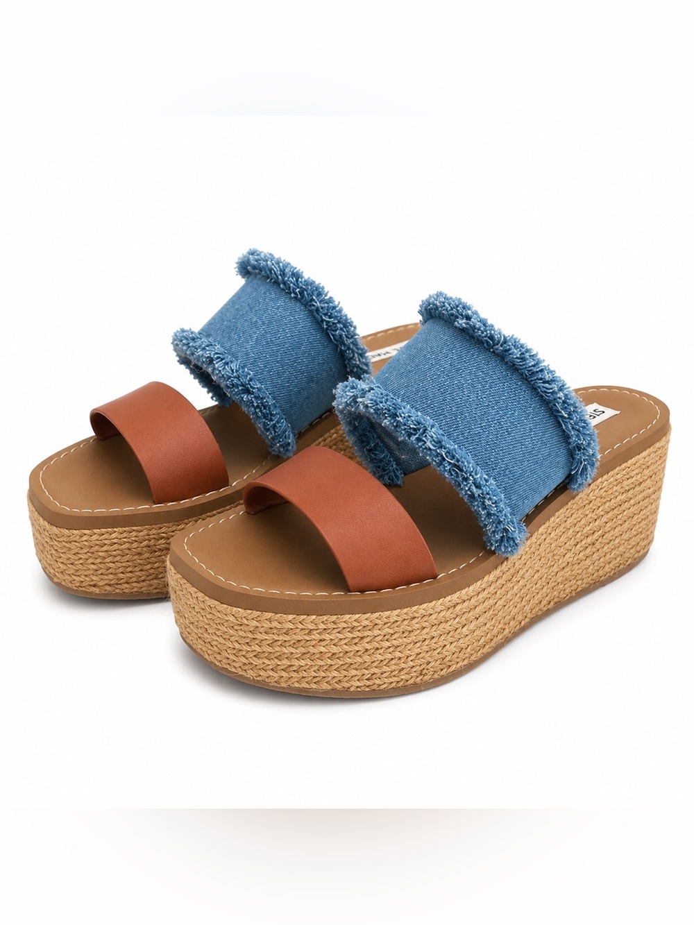 Steve Madden Brown and Blue Denim Slide Sandals